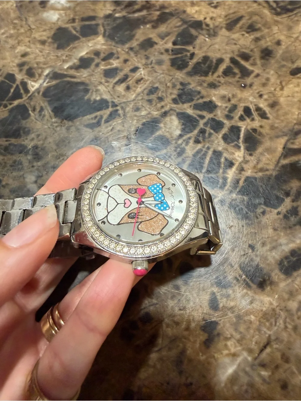 Betsey Johnson Silver Watch with Dog Face and Pink & Blue Accents